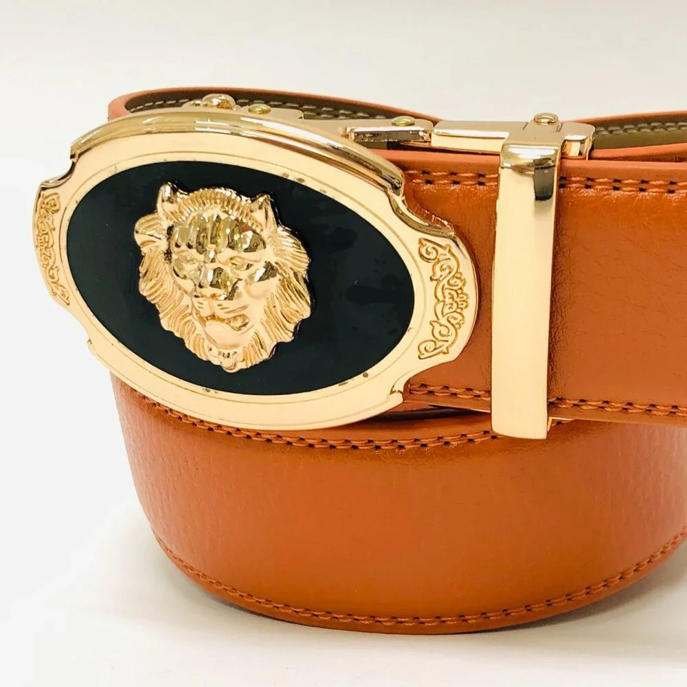 Automatic Designer Buckle‎ Men's Orange Ratchet Genuine Leather Belt Buckle Lion